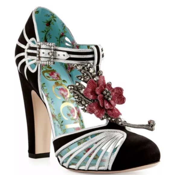 Gucci satin pump with metallic leather trim sandal heels
